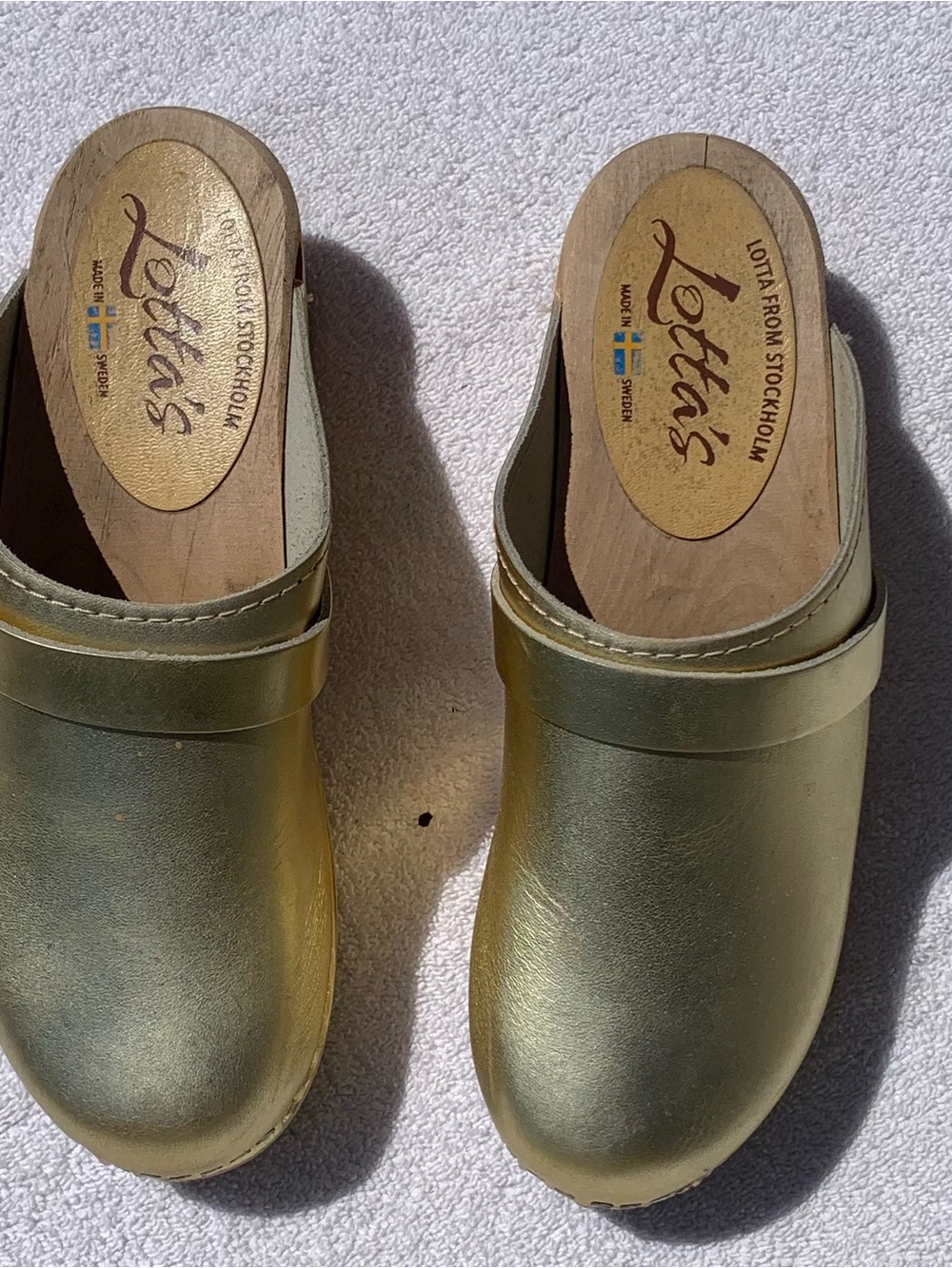 Lotta From Stockholm Shimmery Gold Leather with Strap Classic Swedish Mule Clogs